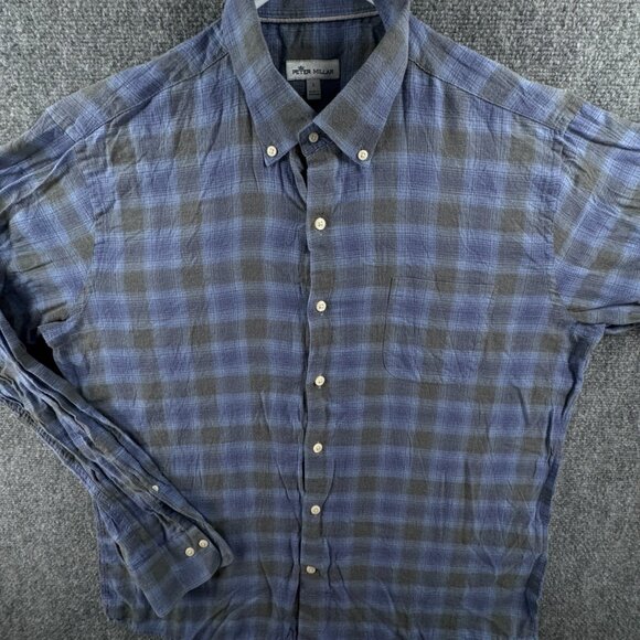 Peter Millar Soft Lightweight Button Up Shirt Men Long Sleeve Blue Gray Plaid - Picture 2 of 12